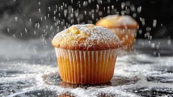 A freshly baked muffin dusted with powdered sugar, set against a dark background. photo