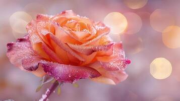 A close-up of a delicate rose with soft bokeh and frosty accents. photo