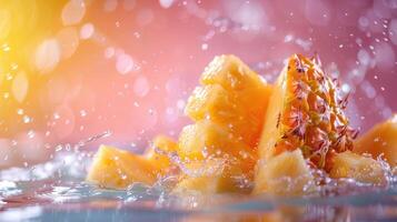 Juicy pineapple chunks splash in water, creating a vibrant and refreshing scene. photo