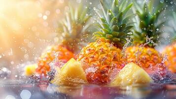 A vibrant display of pineapples splashing in water, evoking freshness and tropical vibes. photo