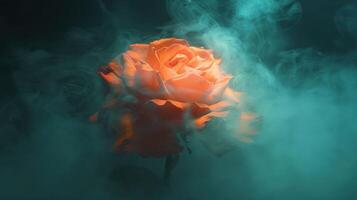 A glowing rose surrounded by mist, creating a mystical and ethereal atmosphere. photo