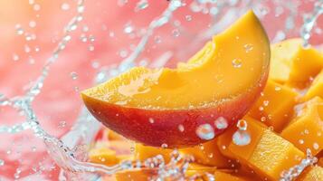 A vibrant mango slice splashes into water, highlighting freshness and juiciness. photo
