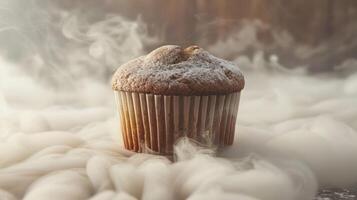 A freshly baked muffin sits atop a bed of fog, creating a dreamy, whimsical atmosphere. photo