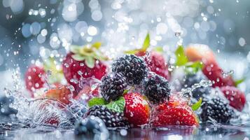 A vibrant splash of strawberries and blackberries with water droplets creating a refreshing scene. photo