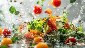 A vibrant splash of fresh vegetables and herbs in water, showcasing healthy eating. photo