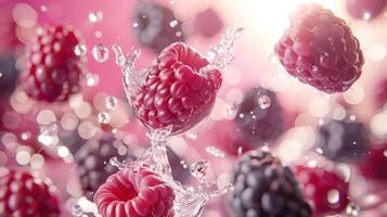 Vibrant raspberries splashing in water with a soft, colorful background. photo