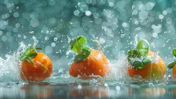 Fresh persimmons splashing in water, creating a vibrant and dynamic visual effect. photo