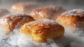 A close-up of glazed pastries surrounded by mist, showcasing their texture and sweetness. photo