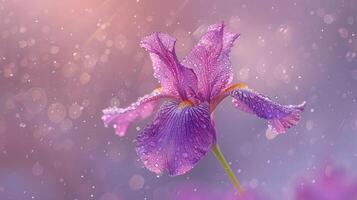 A close-up of a purple iris flower adorned with water droplets, set against a soft background. photo