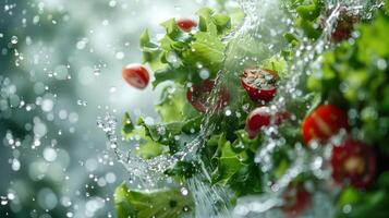 Fresh lettuce and cherry tomatoes splashing in water, conveying freshness and vitality. photo