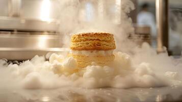 A dessert layered with cream, surrounded by mist, creating an intriguing visual effect. photo