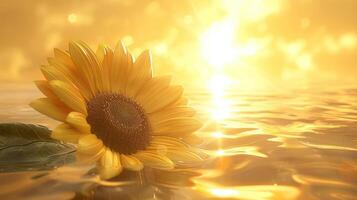 A sunflower floats serenely on shimmering water, illuminated by a warm golden sunset. photo