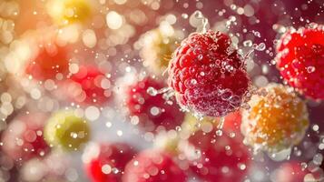 Vibrant raspberries splashing in water with a colorful bokeh background. photo