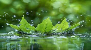 Fresh green leaves splashing in water with a blurred natural background. photo