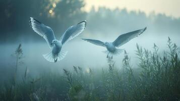 Two seagulls flying over a misty landscape with tall grasses in the foreground. photo