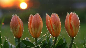 Four blooming tulips glisten with raindrops as the sun sets in the background. photo