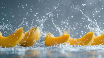 Slices of yellow fruit splashing in water, creating a dynamic and refreshing scene. photo