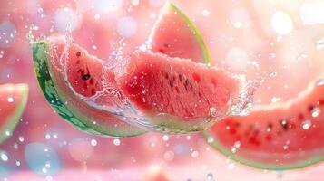 Juicy watermelon slices splashing in water against a vibrant pink background. photo