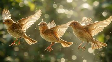 Three birds in mid-air, illuminated by soft light, creating a serene and lively atmosphere. photo
