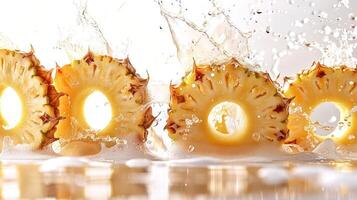 Pineapple slices splashing in water, showcasing freshness and vibrancy. photo