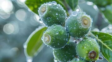 Close-up of dew-covered green fruits on a branch surrounded by leaves. photo
