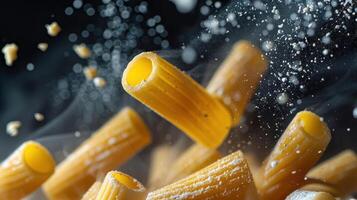 A dynamic shot of falling pasta with a sprinkle of flour, capturing culinary creativity. photo
