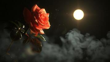 A glowing rose illuminated by a soft light amidst swirling mist. photo