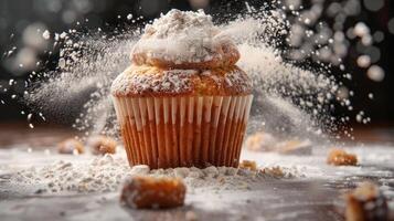 A freshly baked cupcake dusted with powdered sugar, surrounded by flour particles. photo