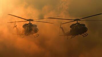 Two helicopters flying through a smoky atmosphere, likely in a firefighting or rescue operation. photo