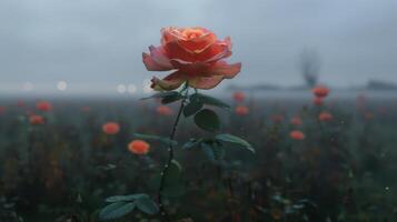 A vibrant rose stands out in a misty field, surrounded by other blooming roses. photo