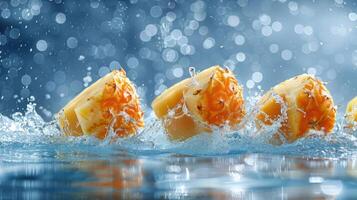 Pineapple slices splashing in water, creating a refreshing and vibrant visual effect. photo