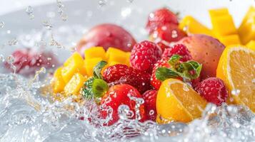 A vibrant splash of assorted fruits in water, highlighting freshness and vitality. photo