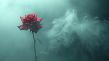 A solitary red rose stands amidst ethereal smoke, creating a dramatic and moody atmosphere. photo