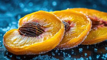 Slices of dried peaches with a sugary coating against a textured background. photo