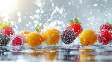 Fresh fruits splashing in water, creating a vibrant and refreshing scene. photo