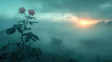 A serene landscape featuring a rose amidst fog and lightning at sunset. photo