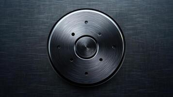 A circular metallic object with a brushed finish and multiple holes, possibly a component or tool. photo