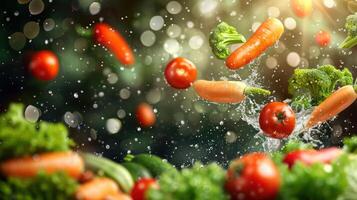 Fresh vegetables splashing in water, highlighting freshness and vitality. photo