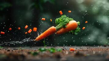 A dynamic splash of carrots and broccoli, highlighting fresh vegetables in a vibrant setting. photo