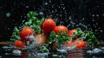 Fresh vegetables splashing in water, highlighting their freshness and vibrancy. photo
