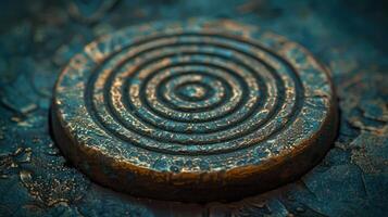 A close-up of a circular metal manhole cover with spiral patterns, showcasing texture and detail. photo