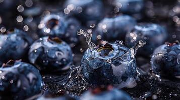 Close-up of blueberries with splashes of water, showcasing freshness and vitality. photo