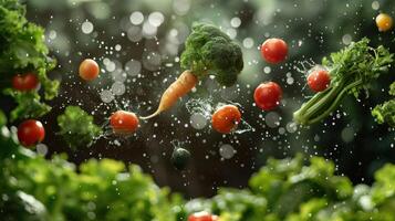 Fresh vegetables splashing in water, showcasing vibrant colors and healthy eating. photo