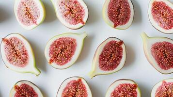 Sliced figs arranged aesthetically on a white surface, showcasing their vibrant colors and textures. photo