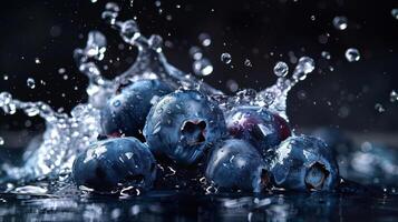 A close-up of blueberries splashing in water, showcasing freshness and vitality. photo