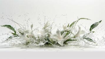 A dynamic arrangement of white flowers splashing in water, creating a lively visual effect. photo