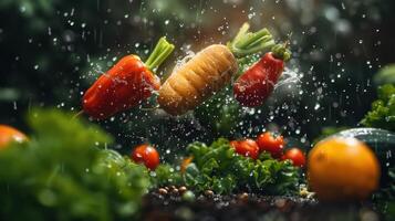 Fresh vegetables splashing in water, showcasing vibrant colors and healthy food choices. photo
