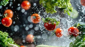 Fresh vegetables, including tomatoes and lettuce, splashing in water, highlighting freshness. photo