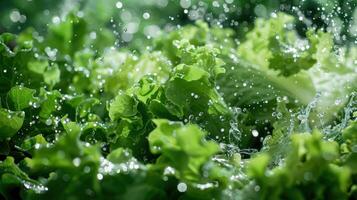 Fresh lettuce leaves being splashed with water, highlighting freshness and vitality. photo