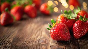 Fresh strawberries on a wooden table with a blurred background and soft lighting. photo